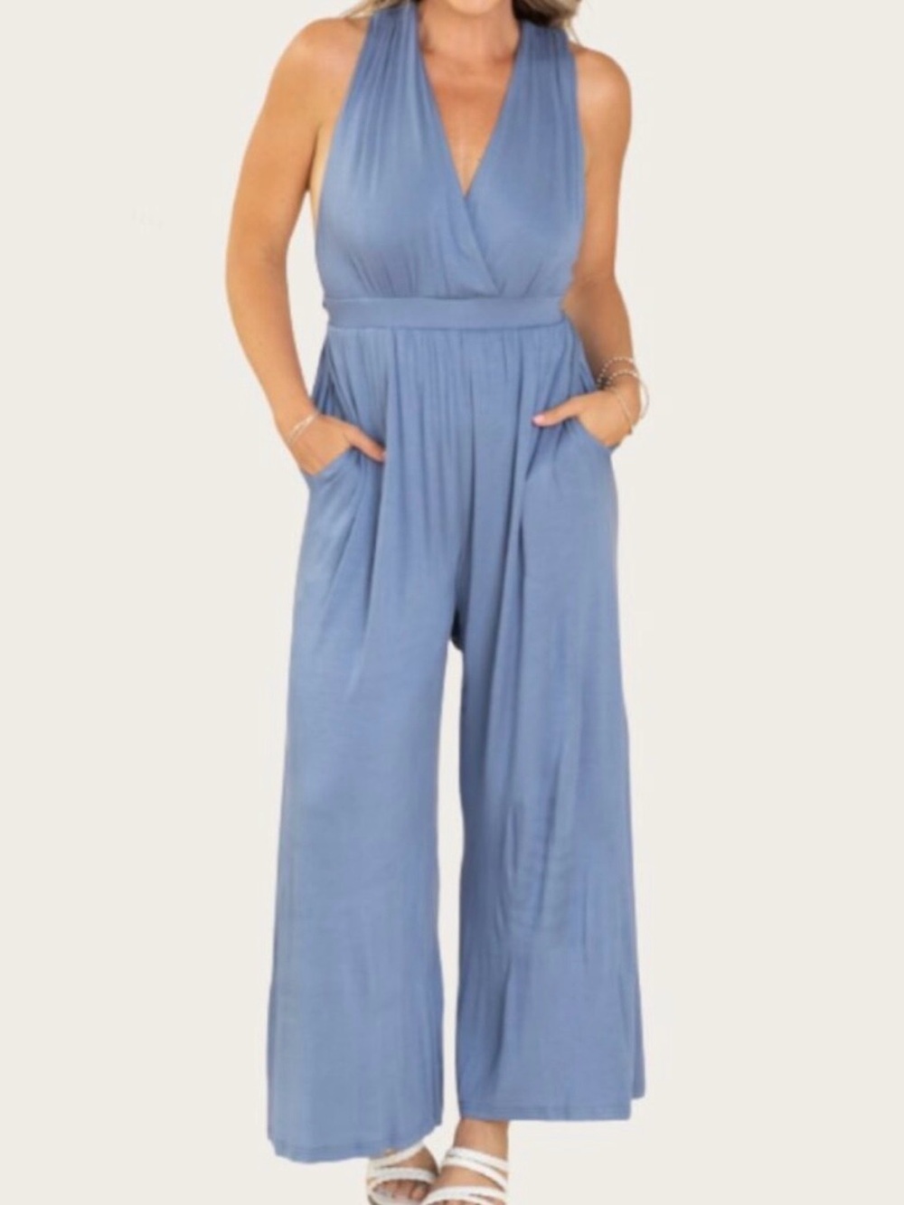 Deep V Wide Leg Jumpsuit in Slate Blue